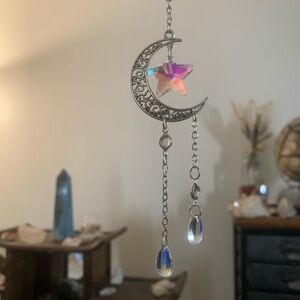 Silver Crescent Moon and Star Crystal Suncatcher